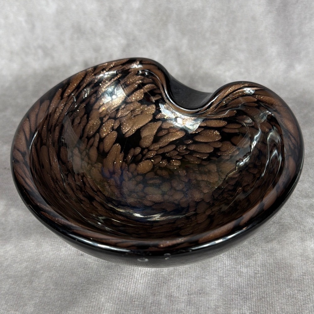 Vtg Murano Italy Brown Black Gold Fleck Art Glass Bowl Aventurine MCM 60s 70s